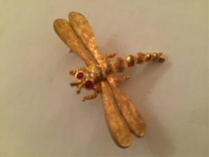 Schiaparelli Signed Brooch - Lovely, Vintage, Gold Tone Rhinestone Dragonfly